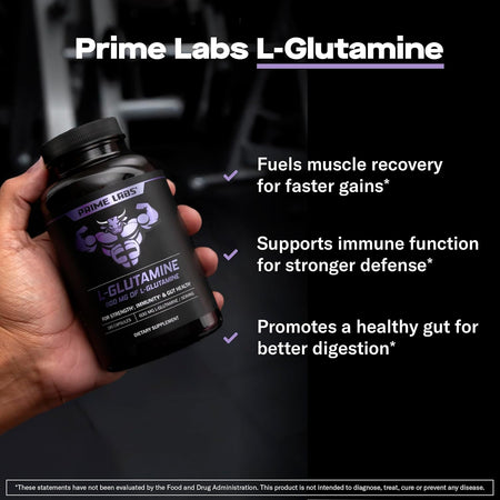 Hand holding Prime Labs L-Glutamine bottle in a gym — fuels muscle recovery, supports immune function and promotes a healthy gut