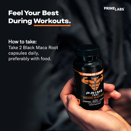 Hand holding Prime Labs Organic Black Maca bottle — directions show take 2 black maca root capsules daily preferably with food