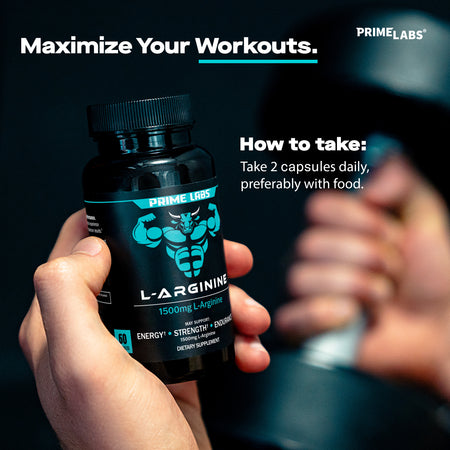 Hand holding Prime Labs L-Arginine bottle — directions show take 2 capsules daily, preferably with food, to maximize workouts