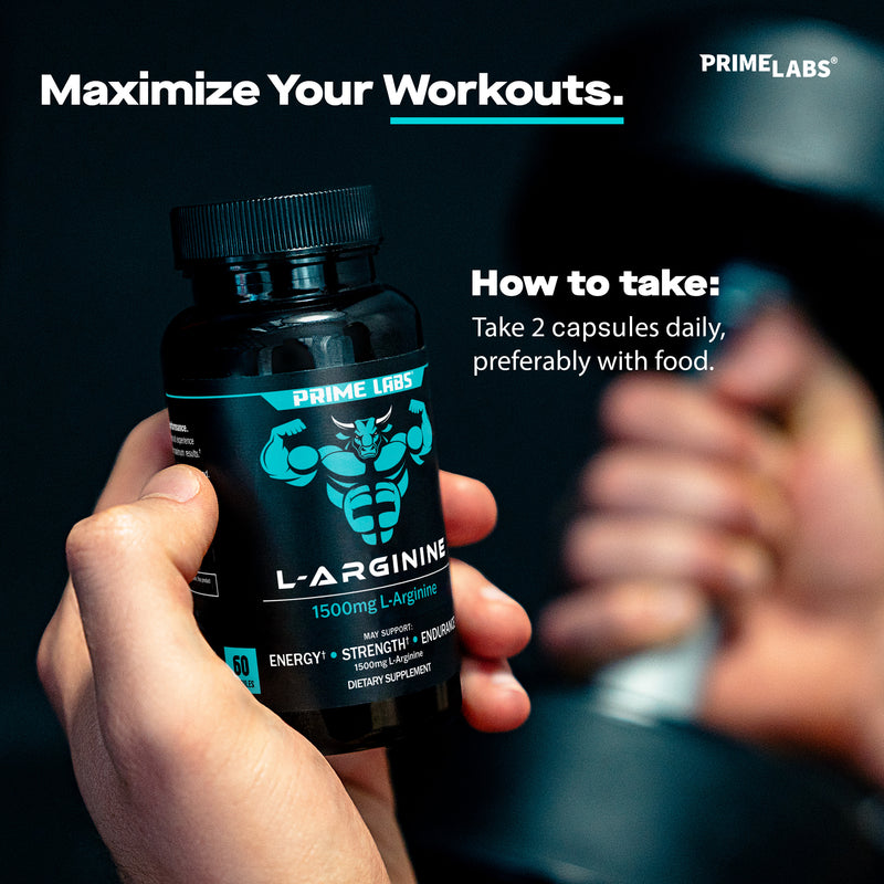 Hand holding Prime Labs L-Arginine bottle — directions show take 2 capsules daily, preferably with food, to maximize workouts
