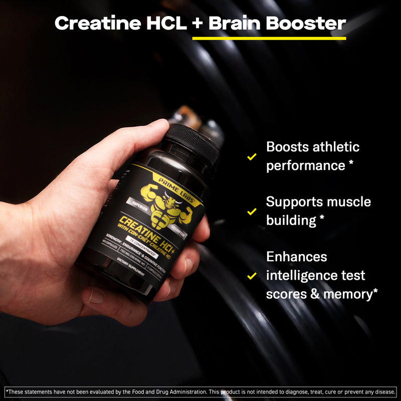 Hand holding Prime Labs Creatine HCl+ Brain Booster bottle — boosts athletic performance, muscle building, intelligence and memory