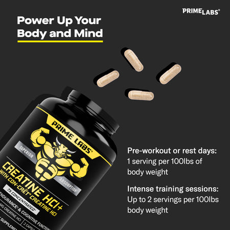 Prime Labs Creatine HCl+ bottle with capsules spilling out — pre-workout dose 1 serving per 100 lbs, up to 2 servings on intense days