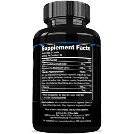 Prime Labs Prime Test Night Duty supplement facts label close-up showing nighttime testosterone and recovery formula