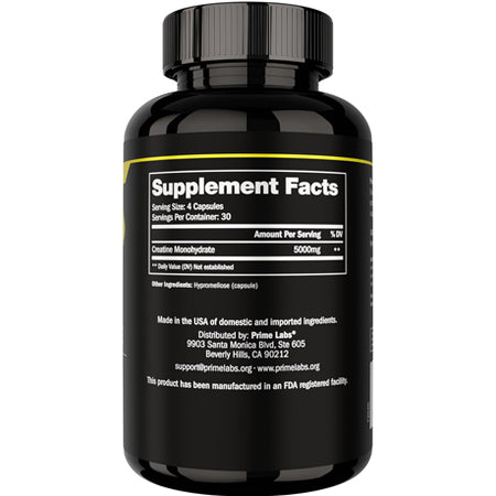 Prime Labs Creatine supplement facts panel close-up — 5000 mg creatine monohydrate per serving, 30 servings per bottle