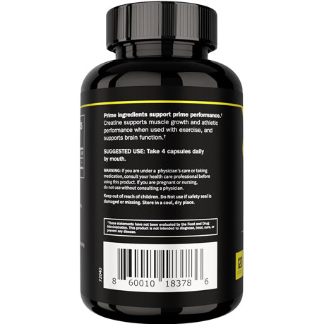 Prime Labs Creatine bottle back label — suggested use to take 4 capsules daily by mouth for muscle growth and performance