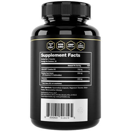 Prime Labs Creatine HCl+ supplement facts panel close-up — Made in USA, non-GMO, GMP compliant and third-party tested badges
