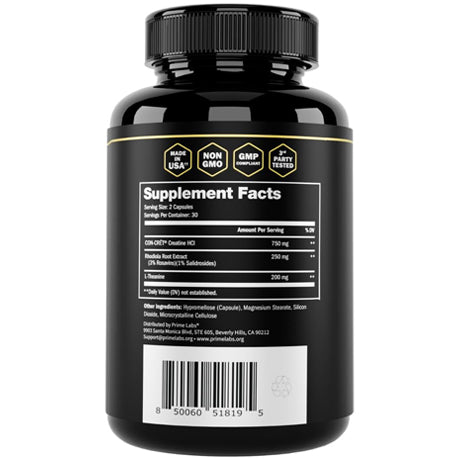 Prime Labs Creatine HCl+ supplement facts panel close-up — Made in USA, non-GMO, GMP compliant and third-party tested badges