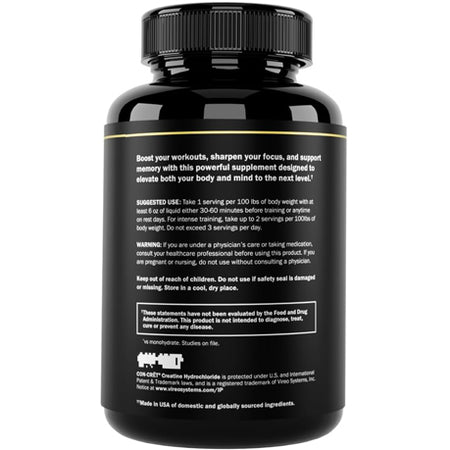 Prime Labs Creatine HCl+ bottle back label — boost workouts, sharpen focus and support memory with concentrated creatine HCl