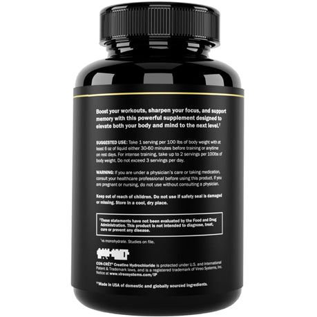 Prime Labs Creatine HCl+ bottle back label — boost workouts, sharpen focus and support memory with concentrated creatine HCl
