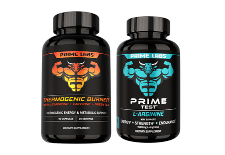 Prime Labs Lean Body Stack — Thermogenic Burner and L-Arginine bottles for fat burn, blood flow and lean muscle support
